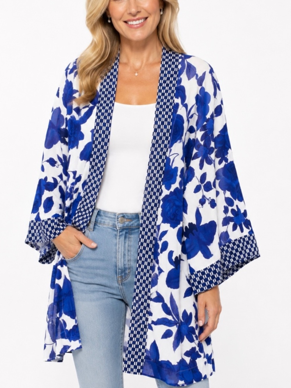 CAbi blue and white Botanical Kimono open front jacket.
